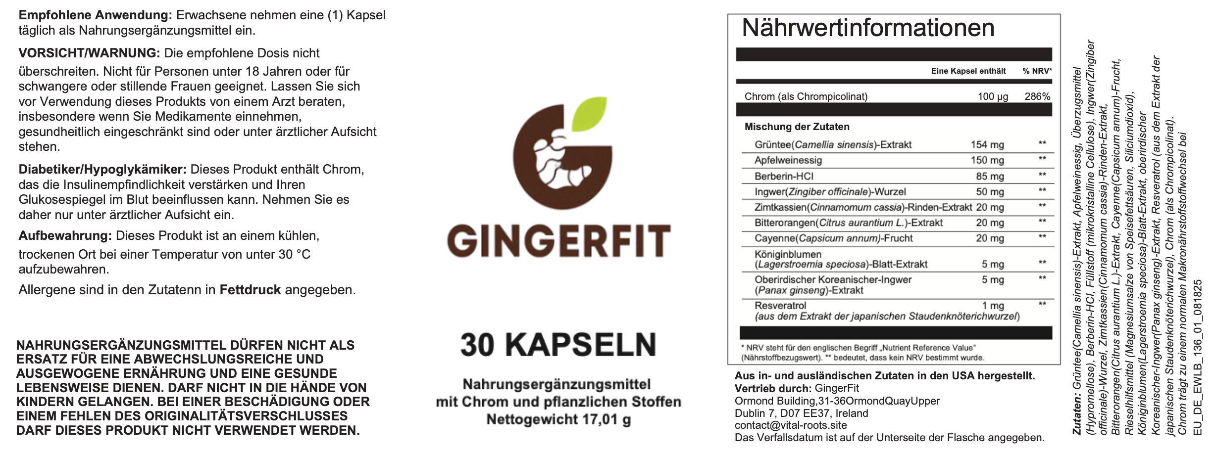 GingerFit supplement facts and ingredients label