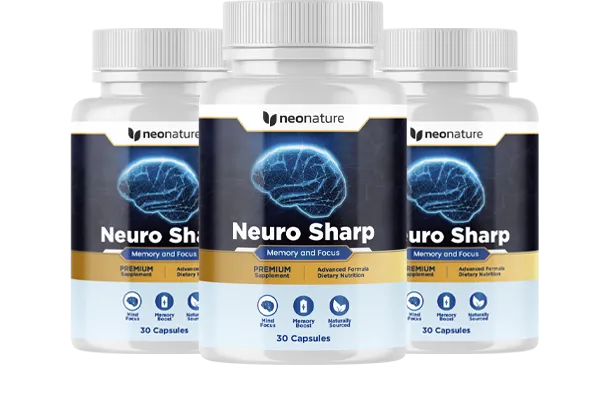 NeuroSharp three-pack bottles in ingredient circle